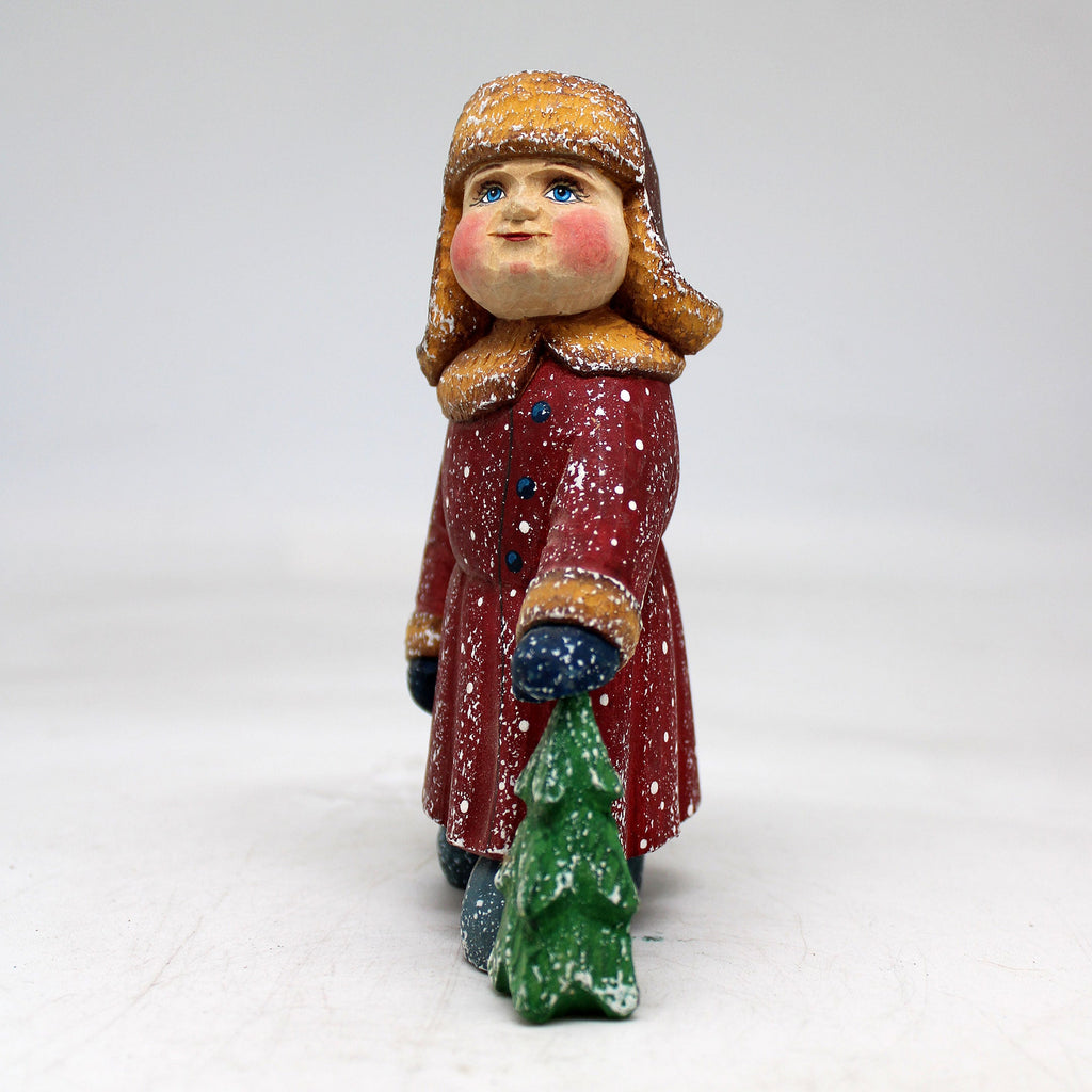 One-of-a-Kind Boy with Christmas Tree WOODCARVED Figurine 5x3x2 inches by G. Debrekht - Unique Handcrafted and Hand-Painted Collectible