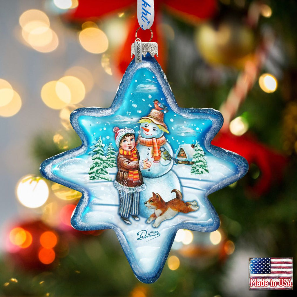 Build A Snowman North Star Glass Ornament by G. DeBrekht - Christmas Santa Snowman Decor - 755-009