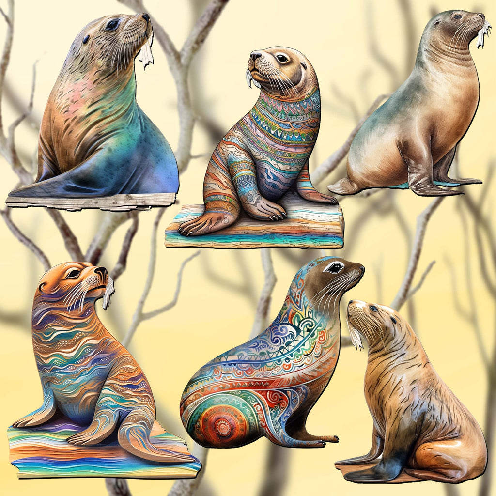 Magic Sea Lions Clip-On Eco Wood Decorative Ornaments Set of 6 by G. Debrekht - Wildlife Decor - 8090112C-S6