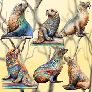 Magic Sea Lions Clip-On Eco Wood Decorative Ornaments Set of 6 by G. Debrekht - Wildlife Decor - 8090112C-S6