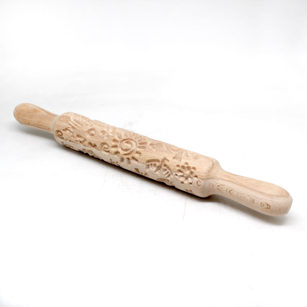 One-of-a-Kind Wood-Carved Rolling Pin with Sun Design and Wood Handles Solid Wood 13,5x2x2 by GDeBrekht - Unique Hand-Carved Piece