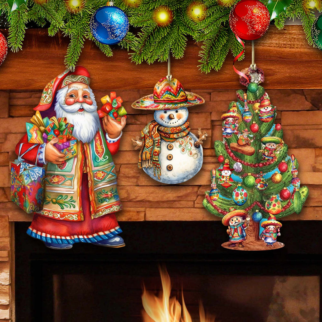 Santas Around the World - Mexican Inspired Santa - Eco Wood Ornaments Set of 3 by G. DeBrekht Christmas Santa Snowman Decor - 8091308S3