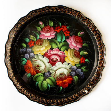 Authentic Zhostovo Floral Hand-Painted Metal Tray - 17 One-of-a-Kind Work of Art by G. Debrekht - Kitchenware and Gift Decorative Art Functional Kitchenware Table and Unique Wall Decor