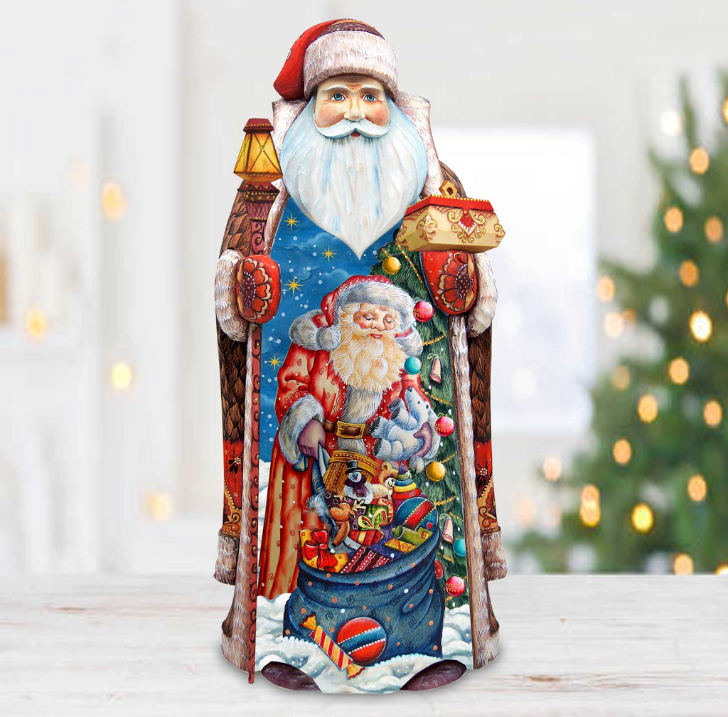 A colorful and detailed figurine of Santa Claus, with intricate details and vibrant colors, is displayed against a blurred background of Christmas lights.