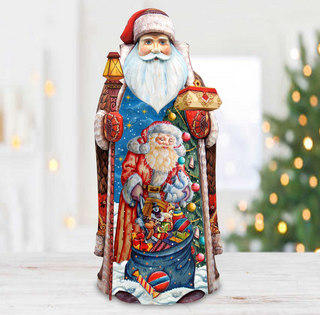 A colorful and detailed figurine of Santa Claus, with intricate details and vibrant colors, is displayed against a blurred background of Christmas lights.