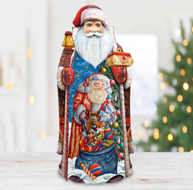 A colorful and detailed figurine of Santa Claus, with intricate details and vibrant colors, is displayed against a blurred background of Christmas lights.
