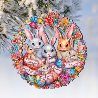 Personalized Family Easter Ornaments, Easter Basket Tag - Family Member Names Bunny Wreath Wooden Ornaments by G. Debrekht Easter Spring Decor - 8652786P