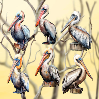 Pelicans Clip-On Eco Wood Decorative Ornaments Set of 6 by G. Debrekht - Christmas Decor - 8090014C-S6