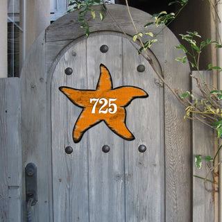 Orange Starfish Sports Car Personalized House Number Sign by G. Debrekht - Coastal Sea-Life Decor - Handcrafted Wooden Handcrafted Wooden Address Sign - MA985312