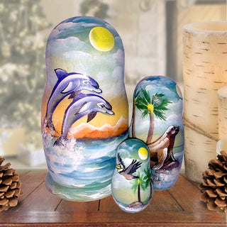 Dolphins Seal & Pelican Matreshka Nesting Hand-Painted Doll Set of 3 by G. DeBrekht - Coastal Holiday Decor - 14741