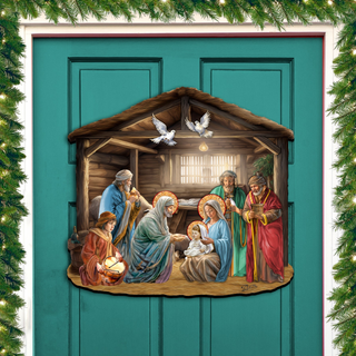 A nativity scene depicting the birth of Jesus Christ, with figures of the Virgin Mary, Joseph, and baby Jesus in a manger.