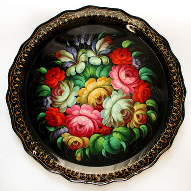 Authentic Zhostovo Floral Hand-Painted Metal Tray - 17x17 - Kitchenware Gift - One-of-a-Kind Decorative Art functional kitchenware table and unique wall decor by G. Debrekht - a One-of-a-Kind Work of Art