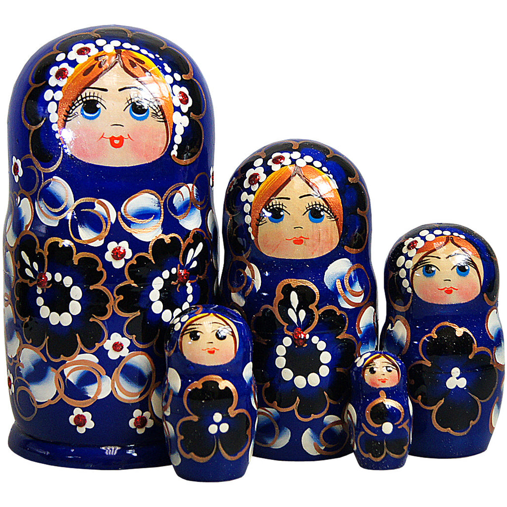 Blue Floral Matreshka Nesting Hand-Painted Doll Set of 5 by G. DeBrekht - Christmas Decor - 140151B