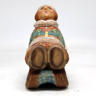One-of-a-Kind - Girl on Sleigh WOODCARVED Figurine 4.5x3.5x2.5 by G.DeBrekht - Unique Handcrafted and Hand-Painted Collectible