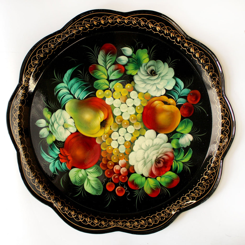 Authentic Hand-Painted Zhostovo Floral Metal Tray - 17 x 17 Decorative Kitchenware and Gift - One-of-a-Kind Work of Art by G. Debrekht - Functional Kitchenware for the Table and Unique Wall Decor