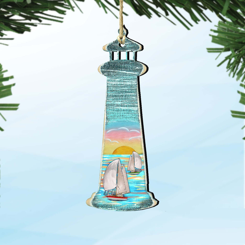 Lighthouse Sailboat Wooden Ornaments by G. DeBrekht - Coastal Holiday Decor - 8198526-2