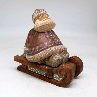 One-of-a-Kind Santa with Bag on Sleigh WOODCARVED Figurine 6x6x35 inches by G. Debrekht - - Unique Handcarved and Handpainted Collectible