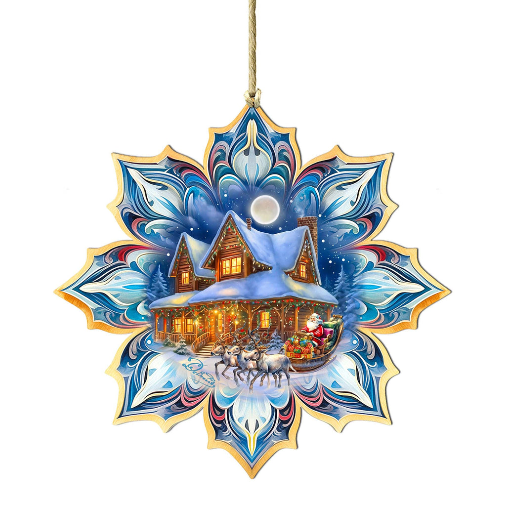 Santa's Cottage Snowflake Large Wooden Ornament by G. Debrekht - Christmas Santa Snowman Decor - 8688430M