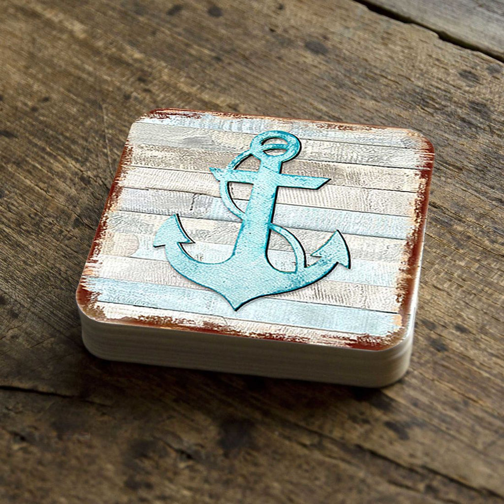 Anchor Coastal Wooden Cork Coasters Gift Set of 4 by Nature Wonders - Coastal Sea-Life Decor - 8198521-9C-S4