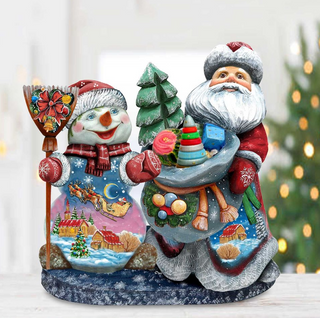 A colorful Christmas-themed figurine depicting Santa Claus and a snowman, both holding various holiday-themed items such as a toy train, a gift bag, and a red bow.