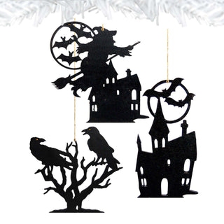 Halloween Wooden Ornaments-Witch,Castle,Birds-Set of 3 - Thanksgiving Halloween Decor - 8100187S3