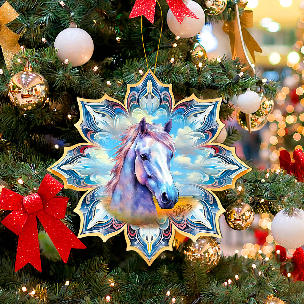 White Horse Snowflake Large Wooden Ornament by G. Debrekht - Nature Wildlife Decor - 8688433M