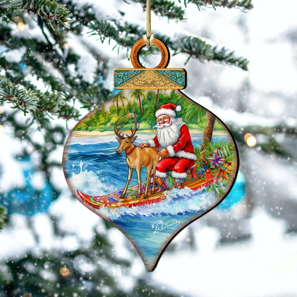 Coastal Christmas Decor - Surfing with Santa Wooden Ornaments by G.Debrekht Coastal Holiday Decor - 8688309