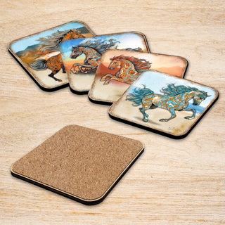 Horses Wooden Cork Coasters Gift Set of 4 by G. Debrekht - Wildlife Decor - 8199444C-S4