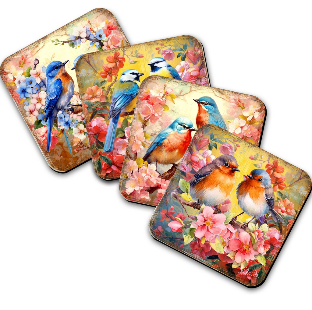 four square coasters featuring vibrant illustrations of colorful birds perched on flowers.