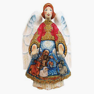 A figurine of an angel with wings, wearing a red and gold outfit, and holding a nativity scene with animals and people.