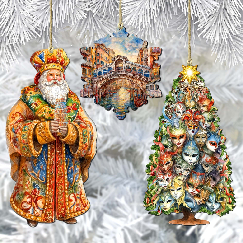 Santas Around the World - Italian Inspired Santa - Eco Wood Ornaments Set of 3 by G. DeBrekht Christmas Santa Snowman Decor - 8091307S3