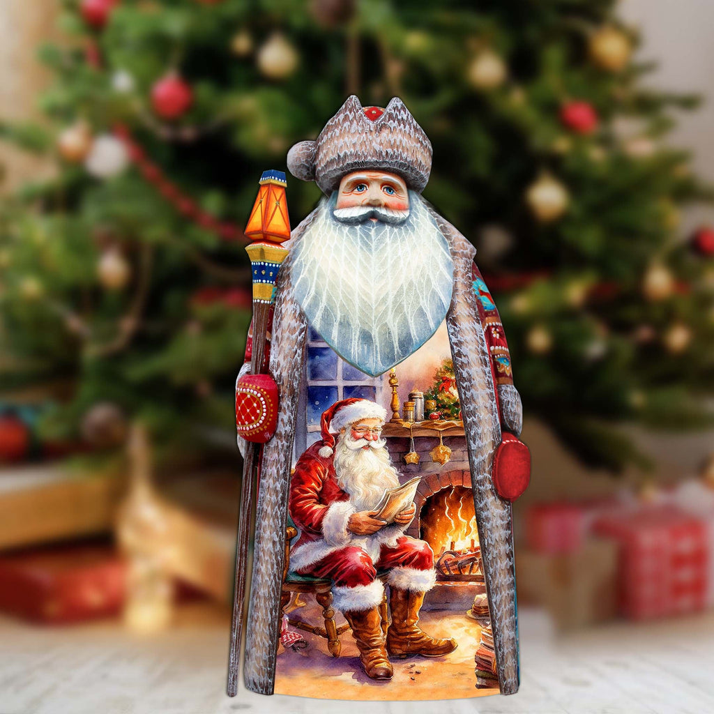 Fireside Magic List Santa Hand-Painted WOODCARVED Masterpiece by G. DeBrekht - Christmas Santa Snowman Decor - 210236SE