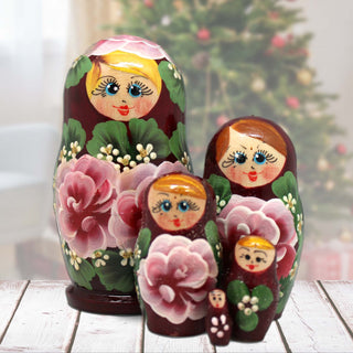 Burgundy Floral Matreshka Nesting Hand-Painted Dolls Set of 5 by G. DeBrekht - Christmas Decor - 140139-2