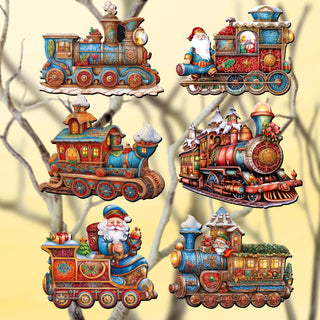 Santa Christmas Train Clip-On Eco Wood Decorative Ornaments Set of 6 by G. Debrekht - Christmas Decor - 8090123C-S6