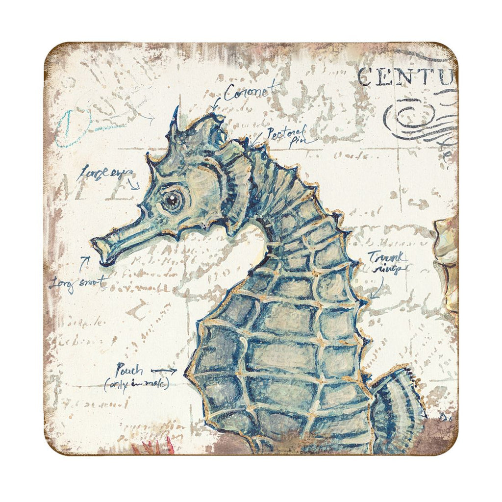 Seahorse Coastal Wooden Cork Coasters Gift Set of 4 by Nature Wonders - Coastal Sea-Life Decor - 8198621C-S4