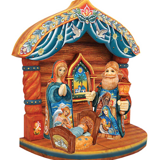 A decorative nativity scene with figures of the Virgin Mary, baby Jesus, and other religious figures arranged in a manger.