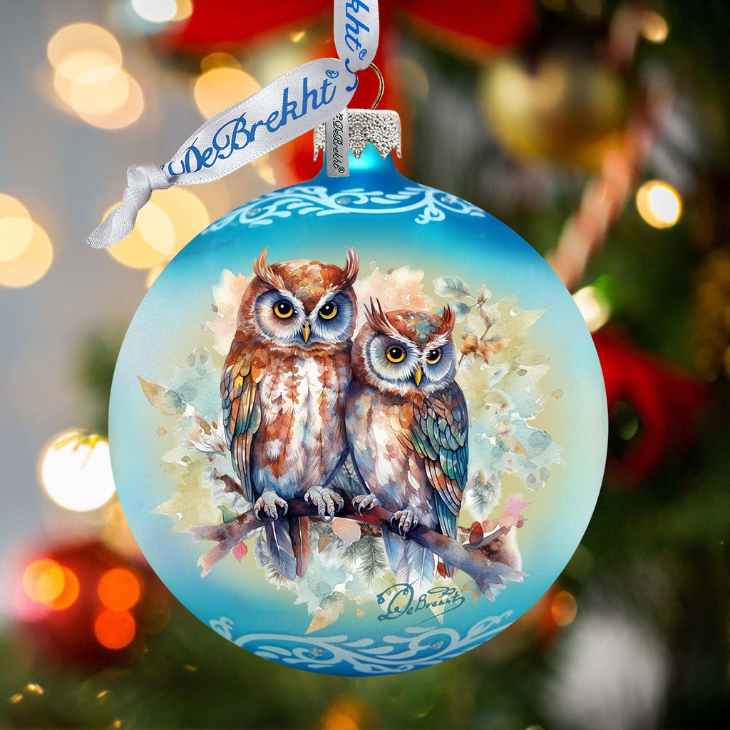 A Love for All Seasons: Wild Owls Ball Glass Ornament by G. Debrekht - Wildlife Holiday Decor - 73384