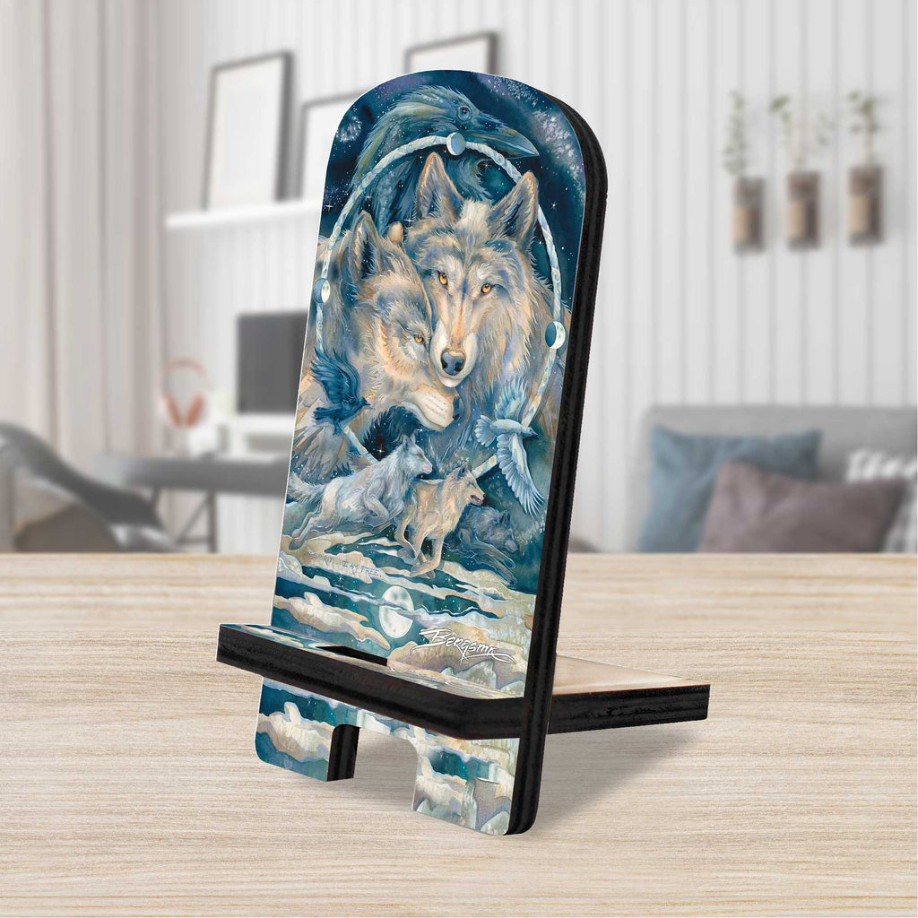 In Spirit I Am Free Wolves Ravens Cell Phone Stand Wood Mobile Tablet Holder Charging Station Organizer - 892091-JB