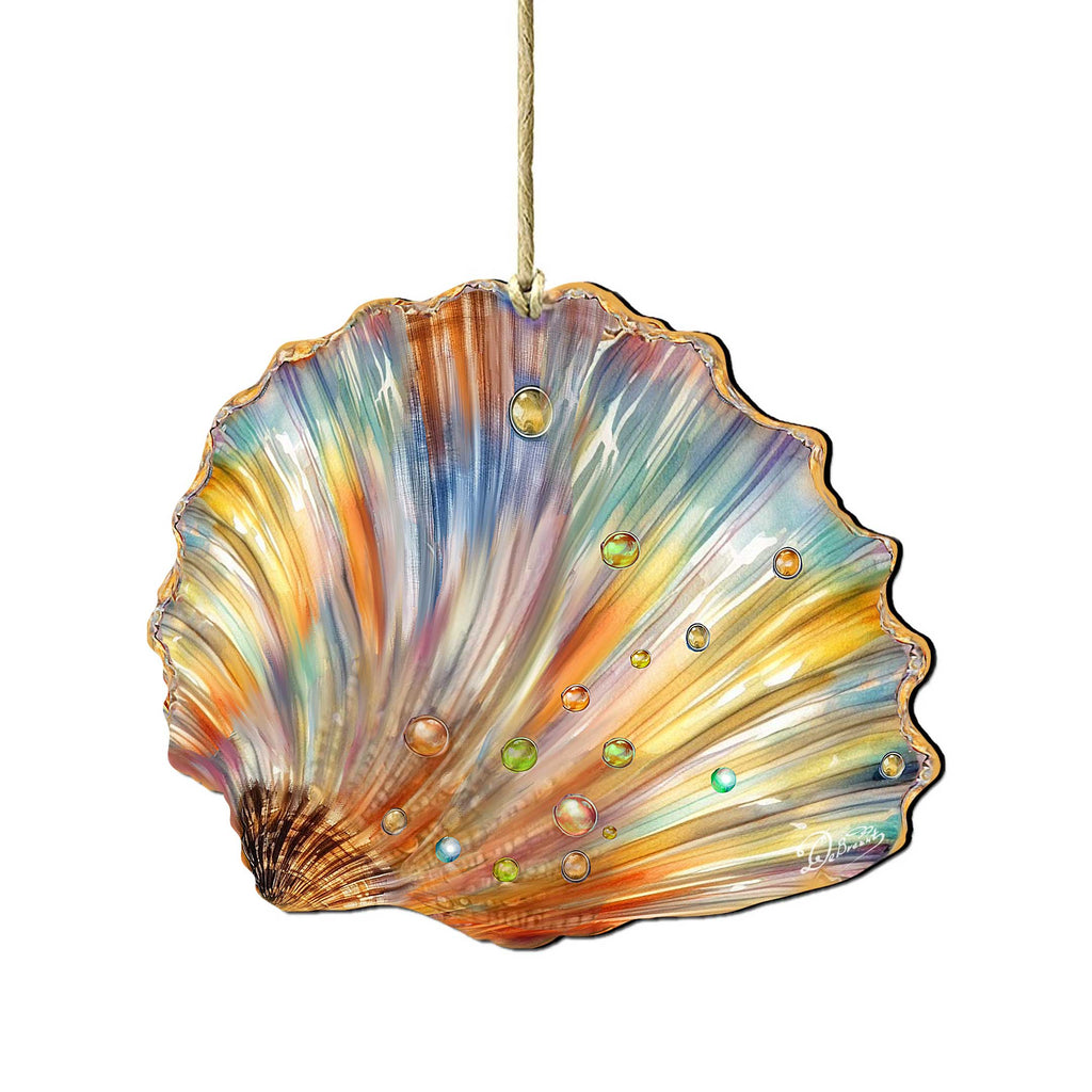 A colorful, intricately designed seashell ornament with a variety of colors and patterns, including stripes, dots, and swirls, suspended from a string.