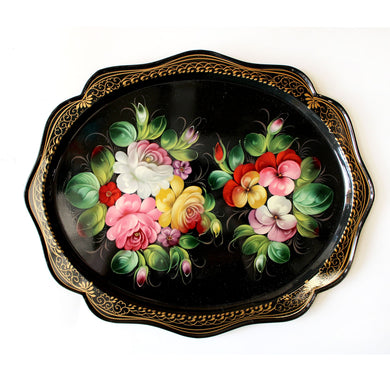 Hand-Painted Zhostovo Floral Black Metal Tray - 15 x 12 One-of-a-Kind Work of Art by G. Debrekht - Unique Kitchenware and Decorative Gift Art for Functional Kitchenware Table and Wall Decor