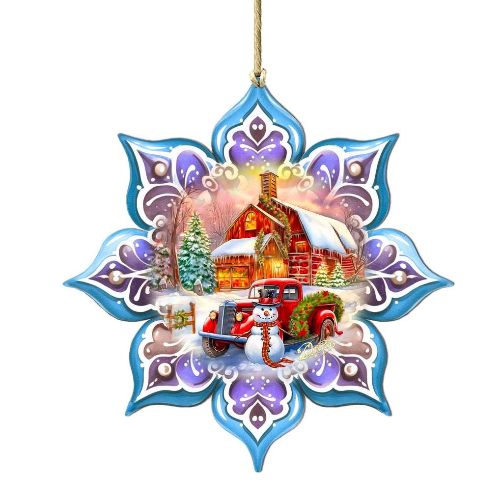 Christmas Red Barn Snowflake Large Wooden Ornament by G. Debrekht - Christmas Decor - 8688429M