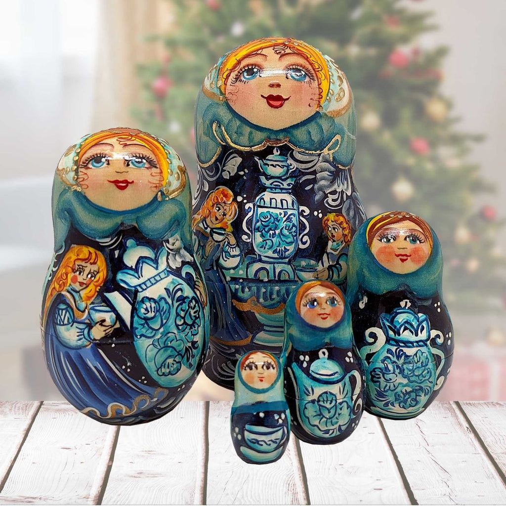 Blue Teapots Matreshka Nesting Hand-Painted Doll Set of 5 by G. DeBrekht - Christmas Decor - 120012