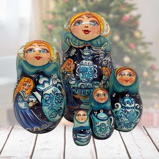Blue Teapots Matreshka Nesting Hand-Painted Doll Set of 5 by G. DeBrekht - Christmas Decor - 120012