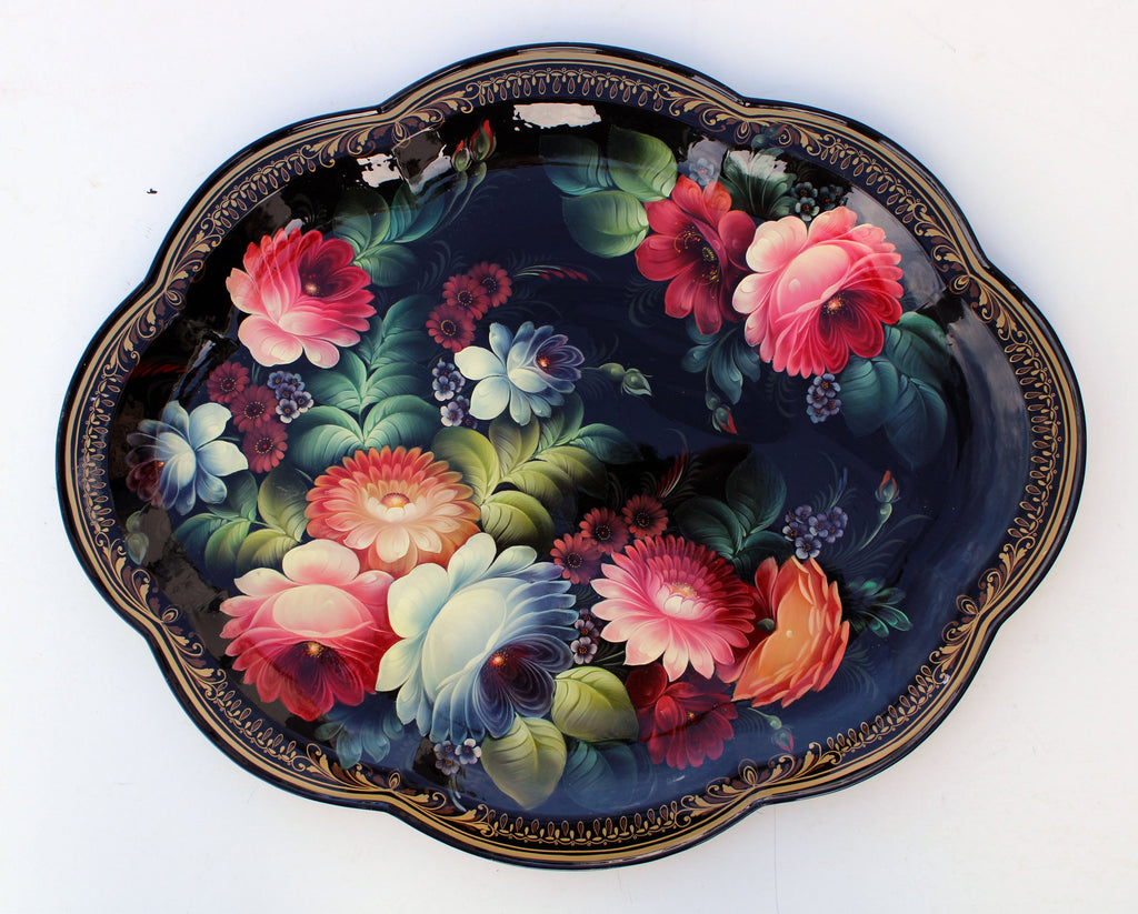One-of-a-Kind Authentic Zhostovo Hand-Painted Metal Tray by Olga Koshkina 22x18 - Functional Kitchenware Table and Unique Wall Decor