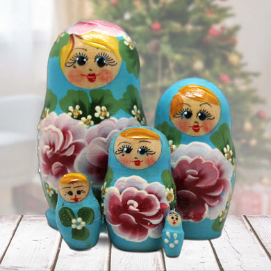 Blue Pink Floral Matreshka Nesting Hand-Painted Dolls Set of 5 by G. DeBrekht - Christmas Decor - 140139
