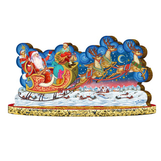 Santa Sleigh Ride with Reindeer Wooden Decor Tabletop Centerpiece by G. Debrekht - Christmas Snowman Decor - 89312