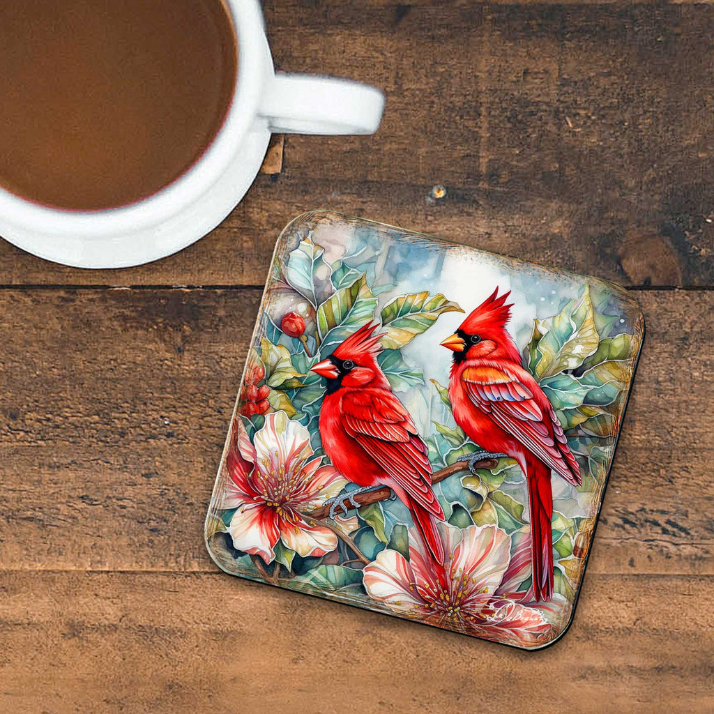 Red Cardinals Wooden Cork Coasters Gift Set of 4 by G. Debrekht - Wildlife Decor - 8199452C-S4