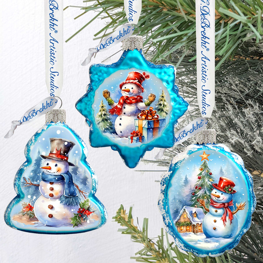 Snowmen Mercury Glass Ornaments Set of 3 by G. Debrekht - Christmas Santa Snowman Decor - 770148S3