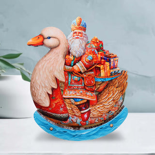 Charming Santa Riding Goose Limited Edition Wooden Figurine Centerpiece by G. Debrekht - Christmas Decor - 89314