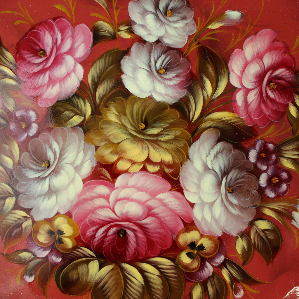 Authentic Zhostovo Floral Hand-Painted Metal Tray - Unique 17x17 Kitchenware and Gift One-of-a-Kind Work of Art by G. Debrekht - Functional Kitchenware for Table and Unique Wall Decor